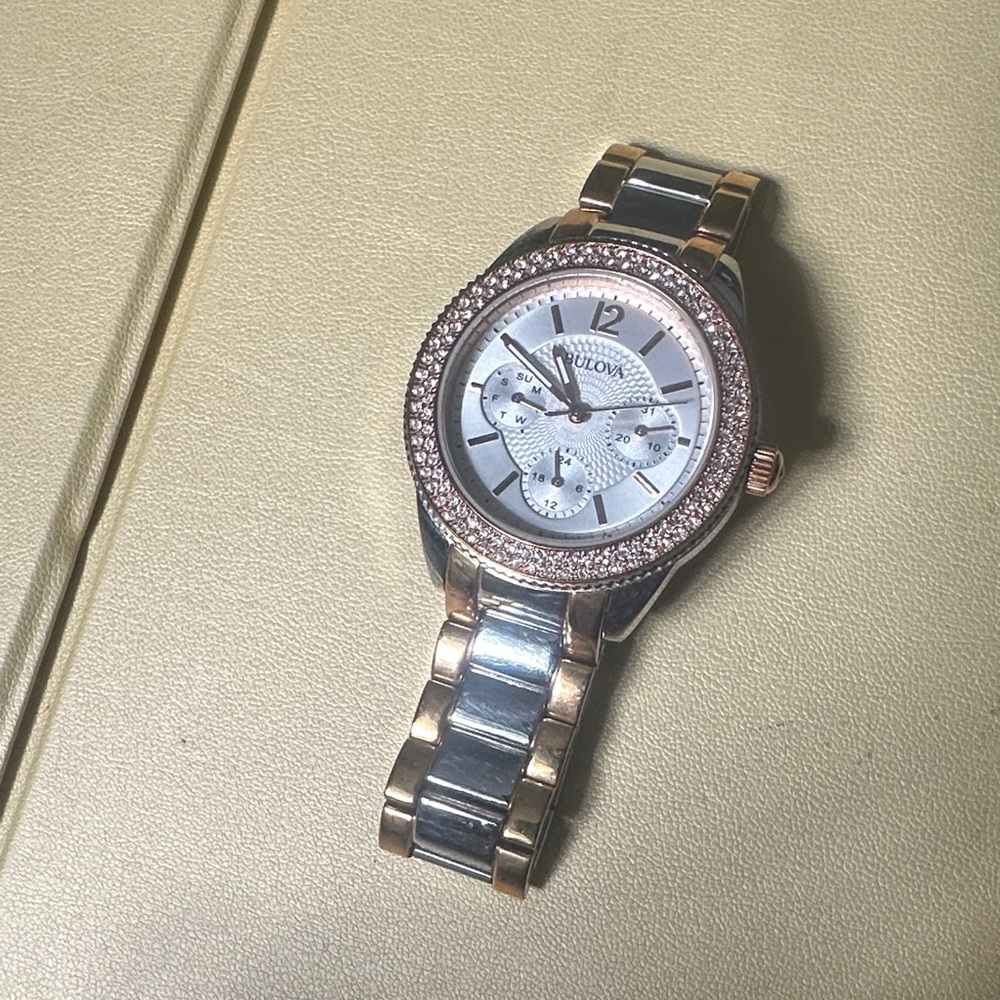 Bulova Women's Silver and Gold Watch with Crystal Accents